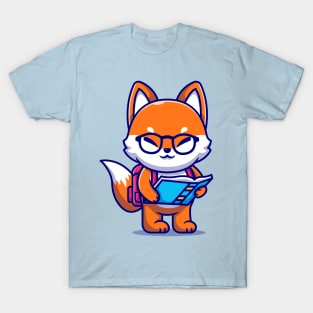 Cute Fox Holding Book With Backpack Cartoon T-Shirt